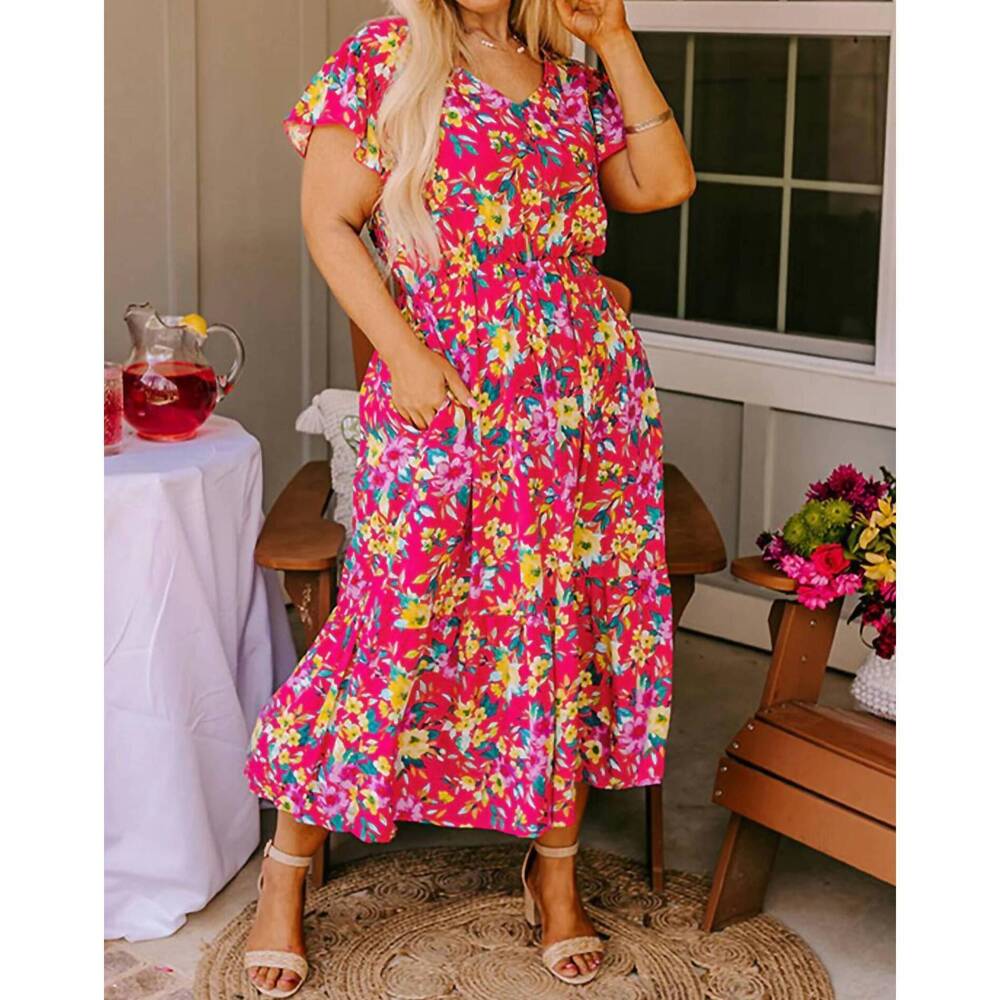 NEW DEAR LOVER vibrant v-neck midi dress in pink multi